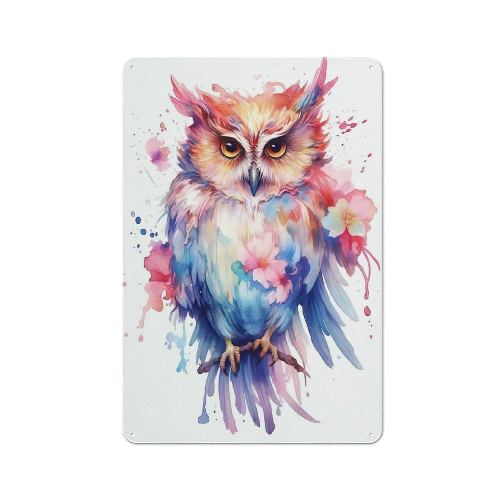Classic Metal Plaque 30x20cm Featuring Watercolor Owl Painting, Bistro Wall Plaque for Kitchen, Cafe, Pantry Or Dining Room