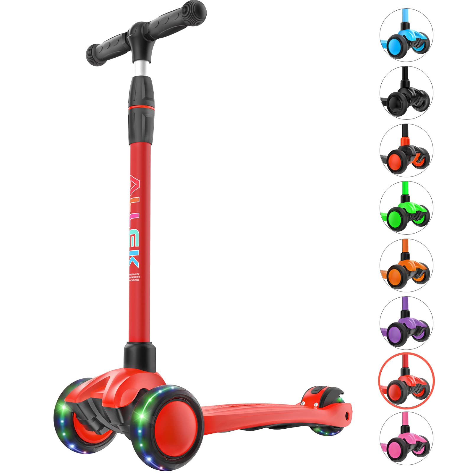Allek Kick Scooter B03, Lean 'N Glide 3-Wheeled Push Scooter with Extra Wide PU Light-Up Wheels, Any Height Adjustable Handlebar and Strong Thick Deck for Children from 3-12yrs (Red)
