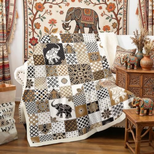 Couverture Sherpa bohème Mandala en Polaire 3D éléphant géométrique pour Vintage Indian Tribal 101 x 127 cm