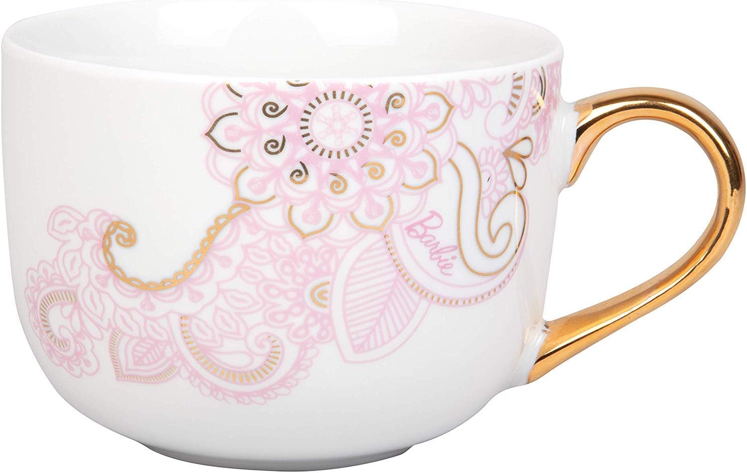 Barbie Coffee Latte Mug, 20oz - Pretty Gold and Pink Paisley Design - Great Gift for Girls