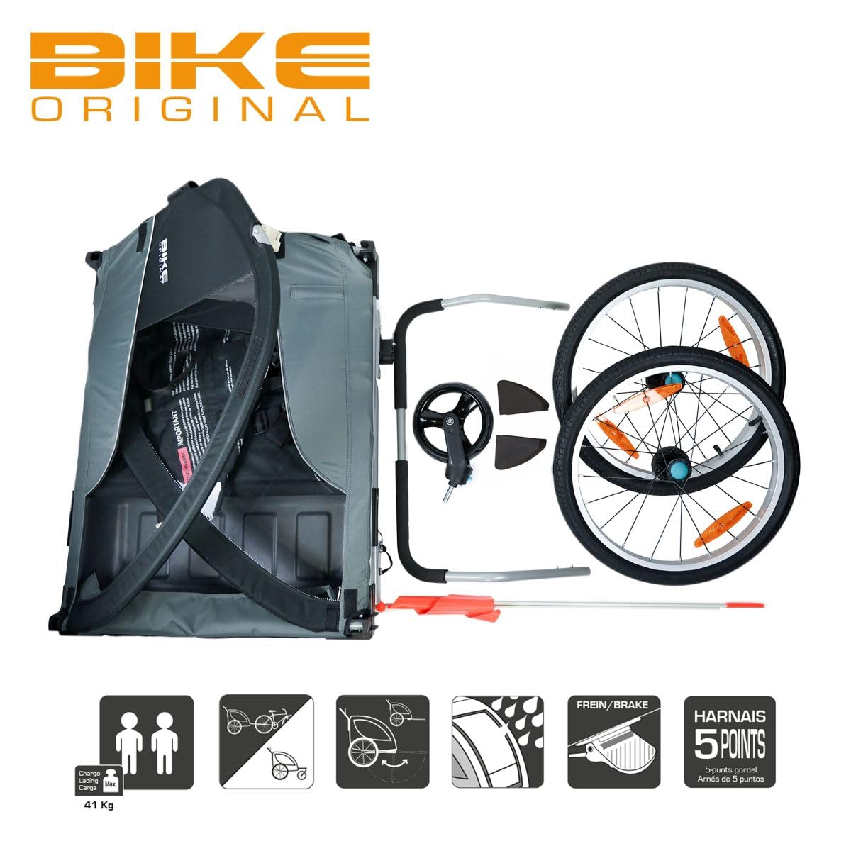 Bike Original - Remorque de Vélo Convertible en Poussette Enfant en Aluminium - Jusqu'à 2 Enfants - Pliable, Capote Toutes Saisons, Frein à Main et Position Parking, suspensions