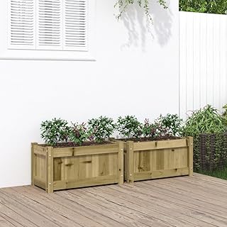 Garden Planter Set of 2, Brown Treated Pine Wood, Medium Rectangular Raised Garden Bed for Outdoor Plants, 23.6x23.6x12.2 Inch Gardening Care
