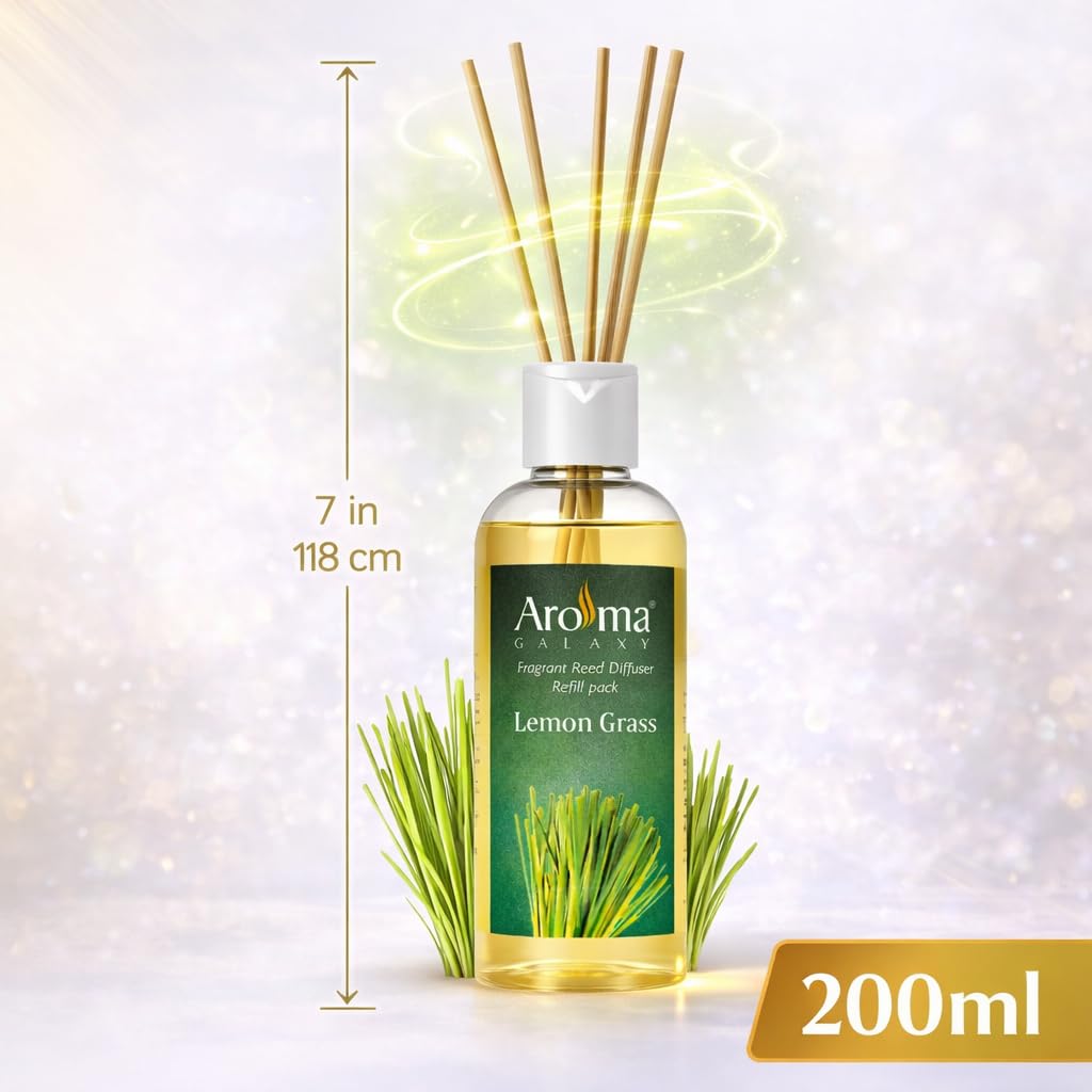 Aroma Galaxy Lamon Grass Reed Diffuser Refill Oil 200ml Premium Long Lasting Fragrance Oil for Home, Office, Spa & Aroma Diffusers (Free 6 Reed Sticks)