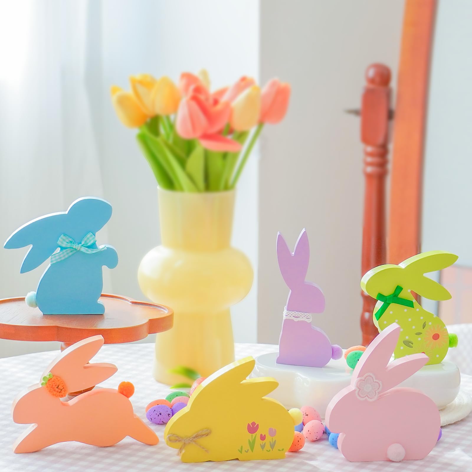 NYUWOUARC Dekoracje wielkanocne, 6 szt., drewniany królik, kolorowe tabliczki stołowe z uroczą dekoracją do domu, wiosenna Wielkanoc pastelowy królik dekoracja na półkę kominek do wewnątrz, biura