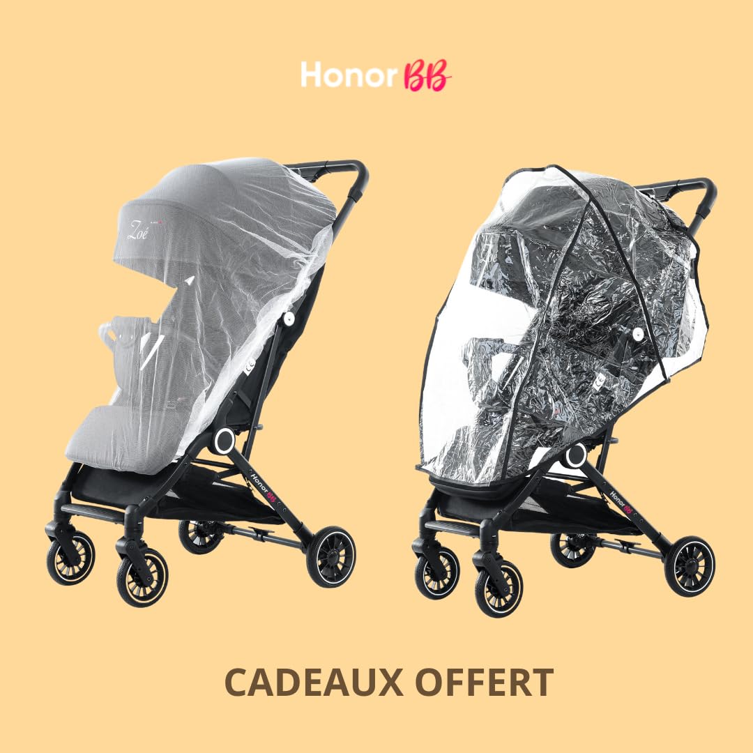 HonorBB ZOA Poussette Canne Bébé Légère et Compacte, 0-3 Ans, 0-15 kg, 3 Positions Inclinables, Pliage Automatique, Bandoulière, Moustiquaire et Protection Pluie Offerts – Essential Black