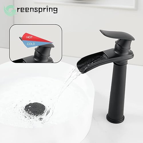 Miniatura 7 de Greenspring Grifo de lavabo de recipiente, color negro mate, una manija, un agujero, cascada, estilo casa de campo, grifo de baño, montaje en