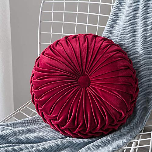Bprtcra runde Samt-Kissen, plissiert, rundes Kissen, plissiert, gepolstert, Velours, handgefertigt für Haus, Sofa, Stuhl, Bett, Auto, 35 cm (Rot)