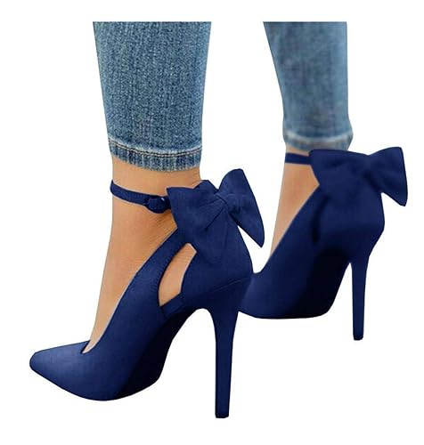 PiePieBuy Women's Pointed Toe High Heels Ankle Strap D'Orsay Pumps Shoes Bow Wedding Bowtie Back Dress Sandals - 8 - Navy