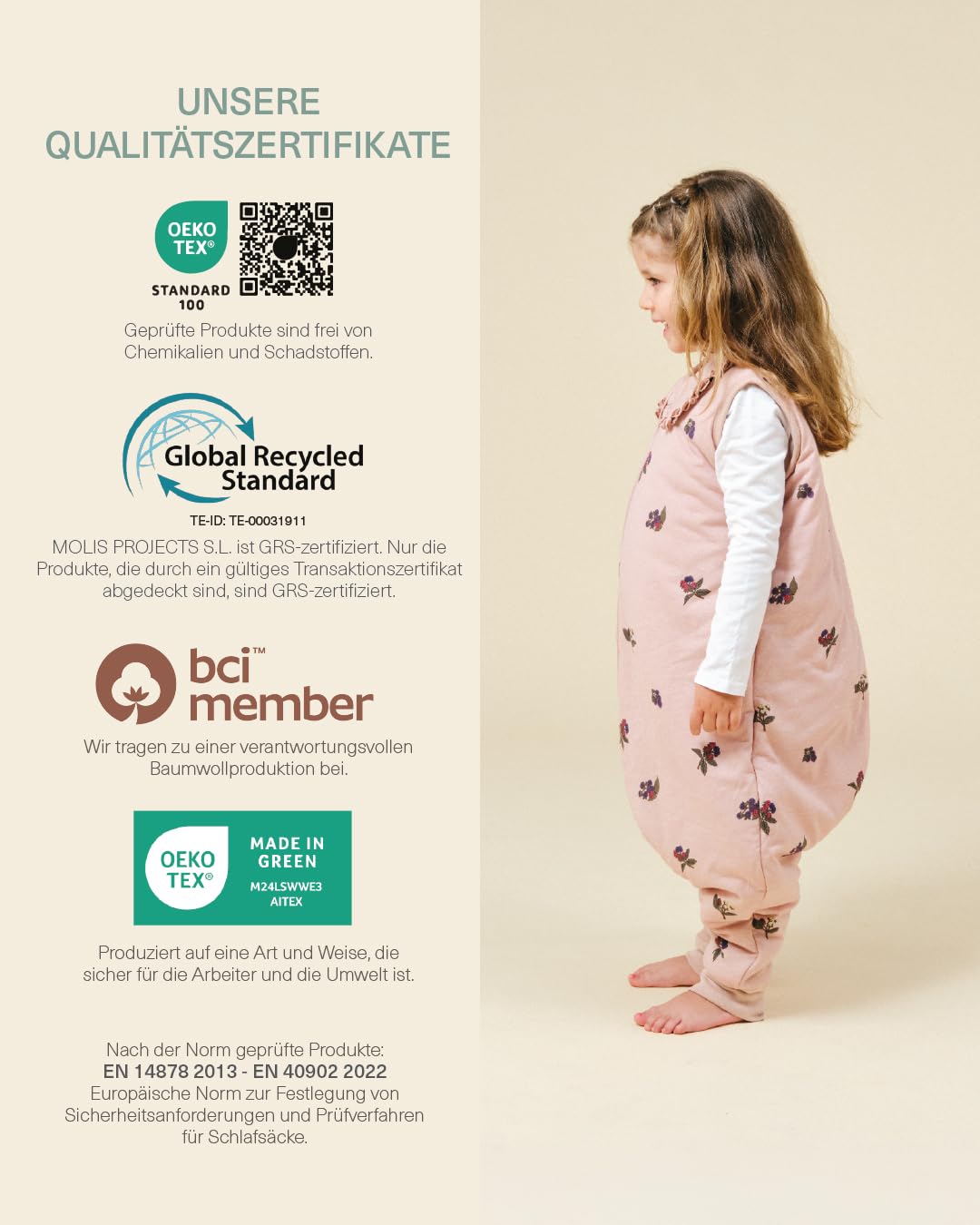 molis&co - Baby Schlafsack mit Füßen 2.5 TOG - Ganzjahres Schlafsack - Babyschlafsack mit Beinen - 100% Baumwolle (Oeko-TEX 100), Winterschlafsack Premium Qualität - Winter Flower (117 cm)