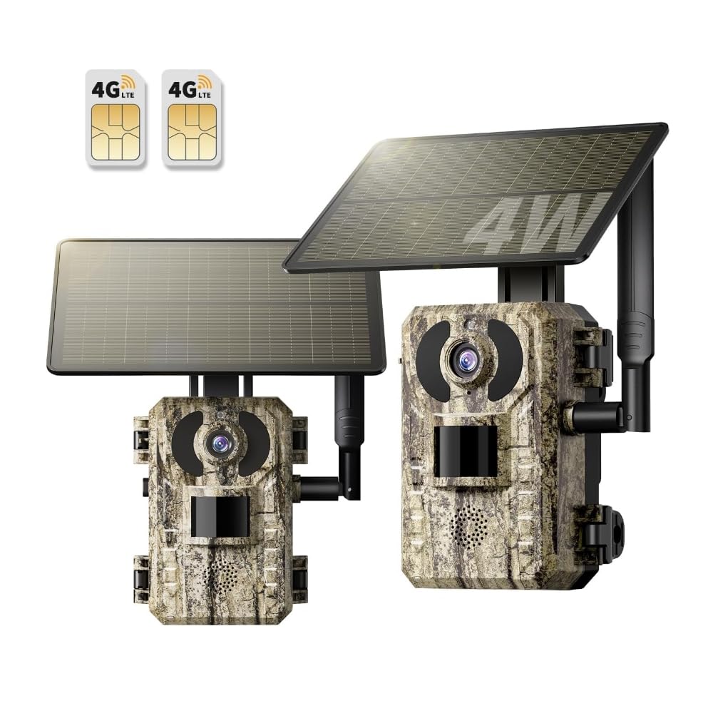 Pack de 2 Cámaras Fototrampeo Solar 4G LTE con SIM, sin WiFi, Batería 10400 mAh, Visión Nocturna Infrarrojos Invisible 950nm, Audio 2 Vías, Activación 0,2s, IP66