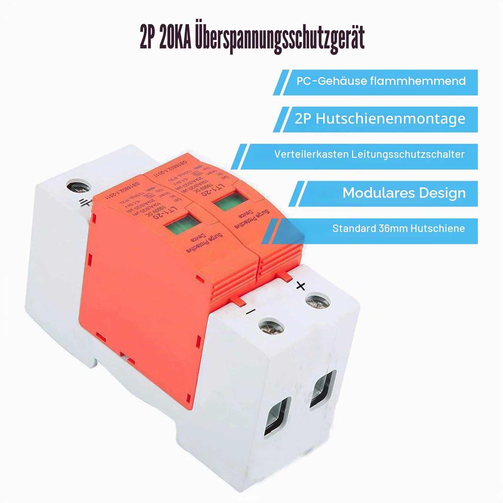 Überspannungsschutzgerät für PV, 2-Polig 1000VDC 20KA 35mm DIN-Schienenmontage Gleichstrom-Schutzschalter, Gleichspannung PC Hülle Blitzschutz Photovoltaik-Laderegler für Ihre PV-Anlage