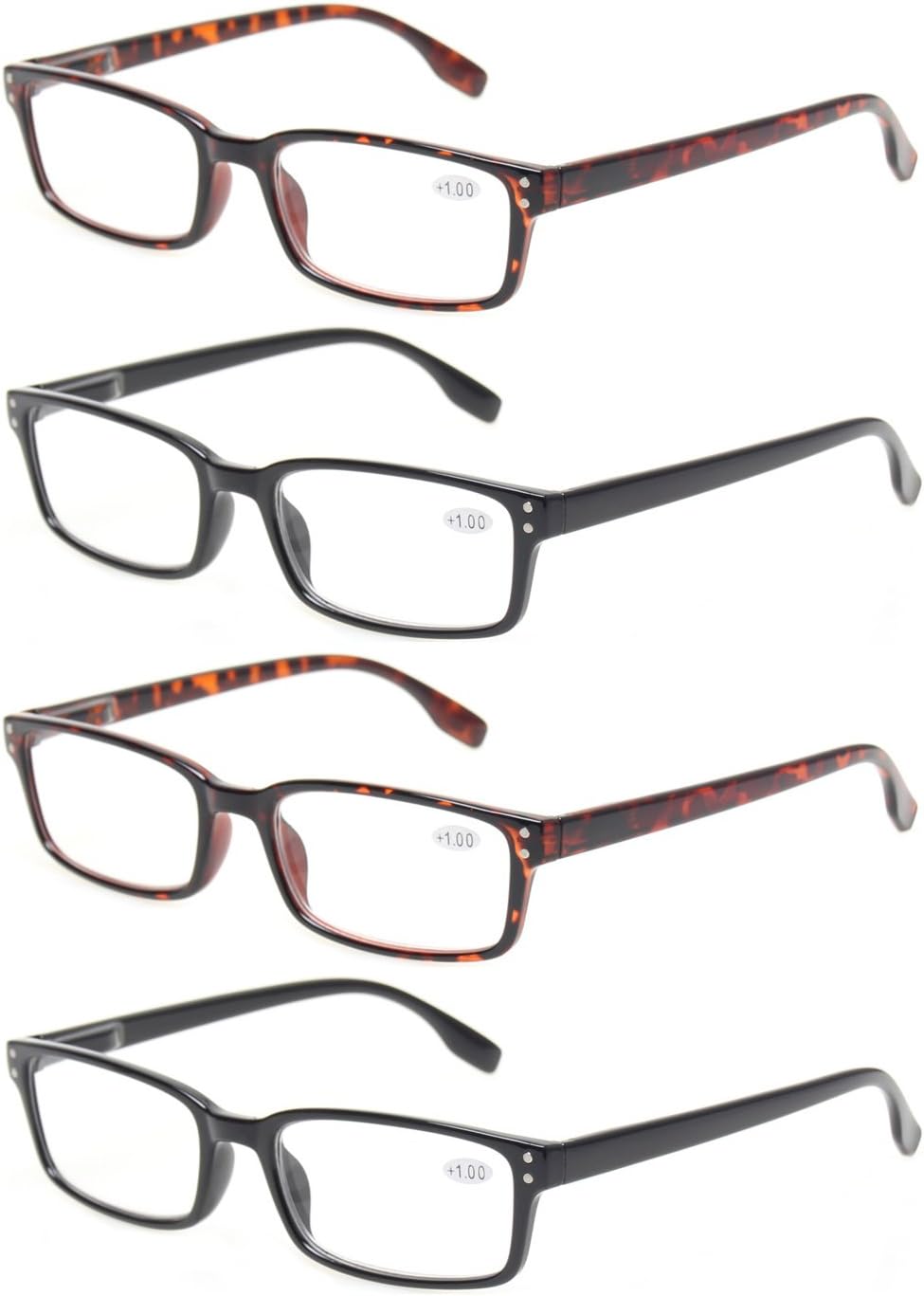 Kerecsen 4-Pack Rectangular Retro Style Men Reading Glasses Spring Hinges Comfortable Readers (+0.75, 2 Black 2 Tortoise)