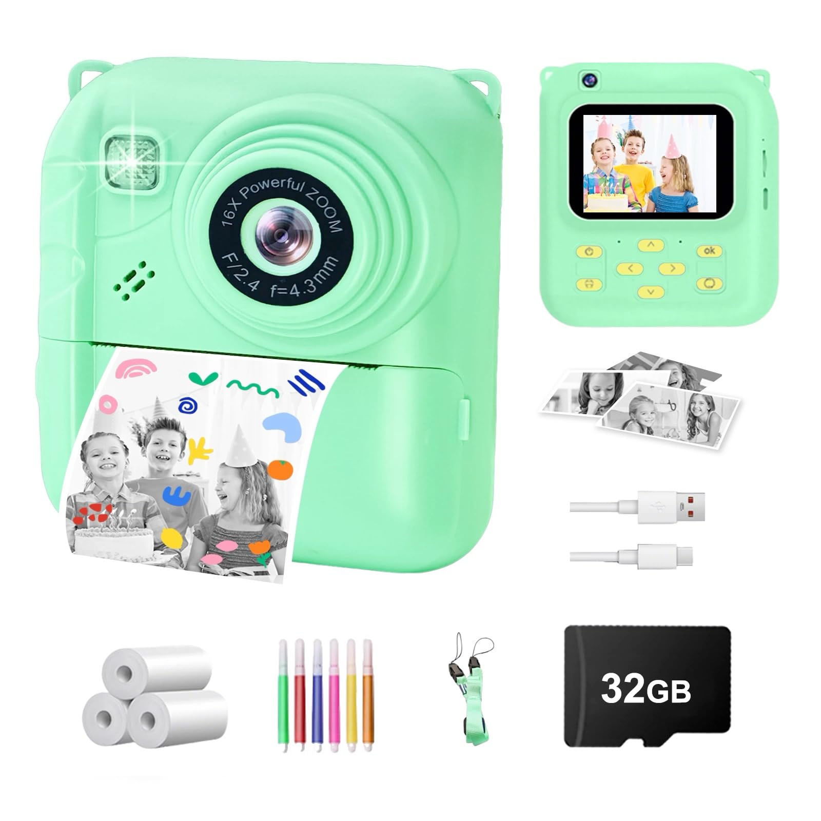 Instant Print Camera for Kids, 1080P Video Camera with 3 Print Rolls