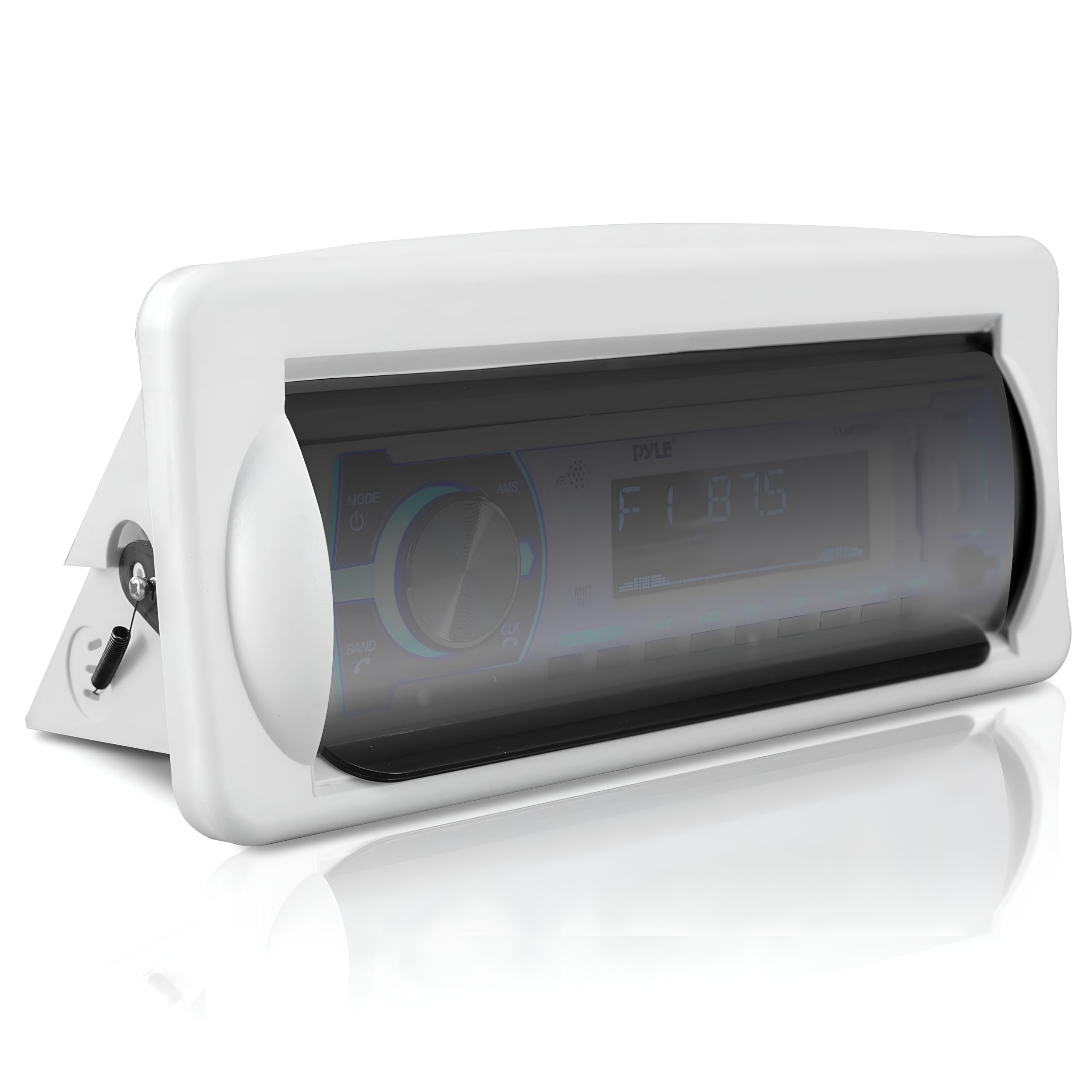 PYLE Water Resistant Marine Stereo Cover - Smoke Colored Heavy Duty Boat Radio Protector Shield with Flip-up Door & Spring Loaded Release - Mounting Gasket Included - Pyle PLMRCW2,White