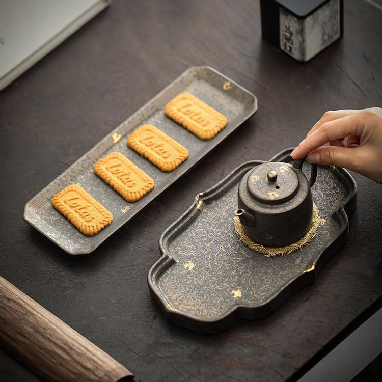 Bandejas Servir Comida Bandeja de té Larga y Seca, Bandeja Hecha a Mano gres, Almacenamiento Tetera Retro Begonia Mesa Cama