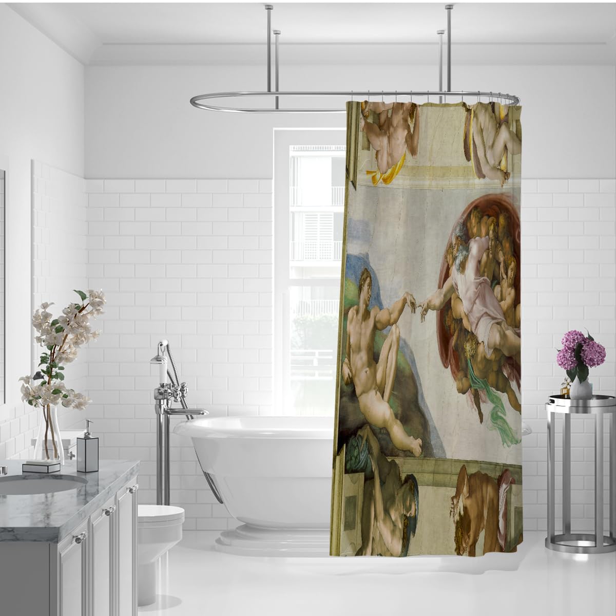 La création du Rideau de Douche Adam Renaissance avec des Crochets en Forme de C, séchage Rapide pour la décoration des Toilettes, Style célèbre de Peinture à l’Huile 180 x 180 cm