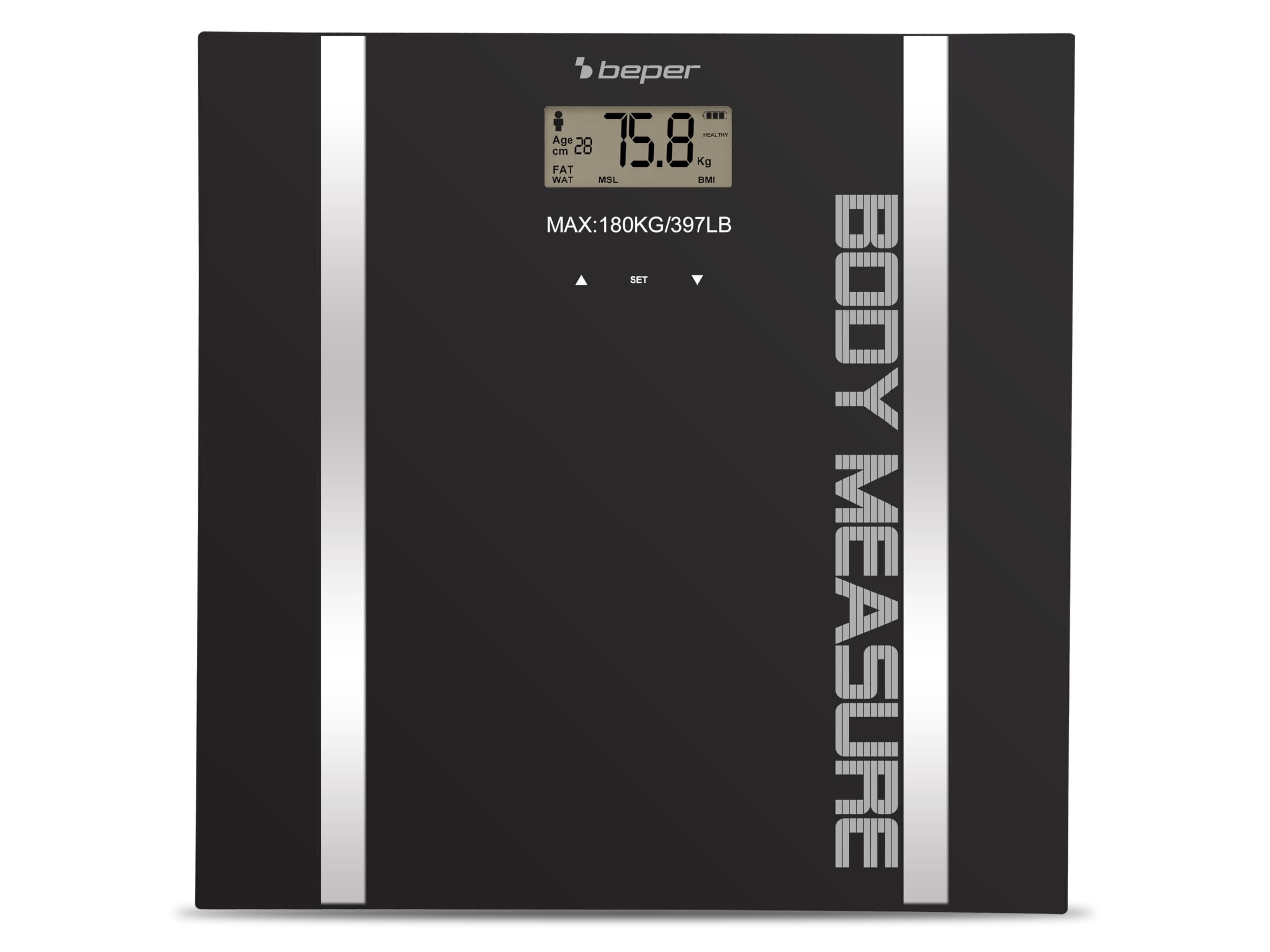 BEPER 40.808A Báscula monitor de impedancia, pesa la masa corporal y el porcentaje de líquidos, 10 memorias, pantalla LCD, superficie de vidrio templado, negro, 4 x 33 x 33 cm