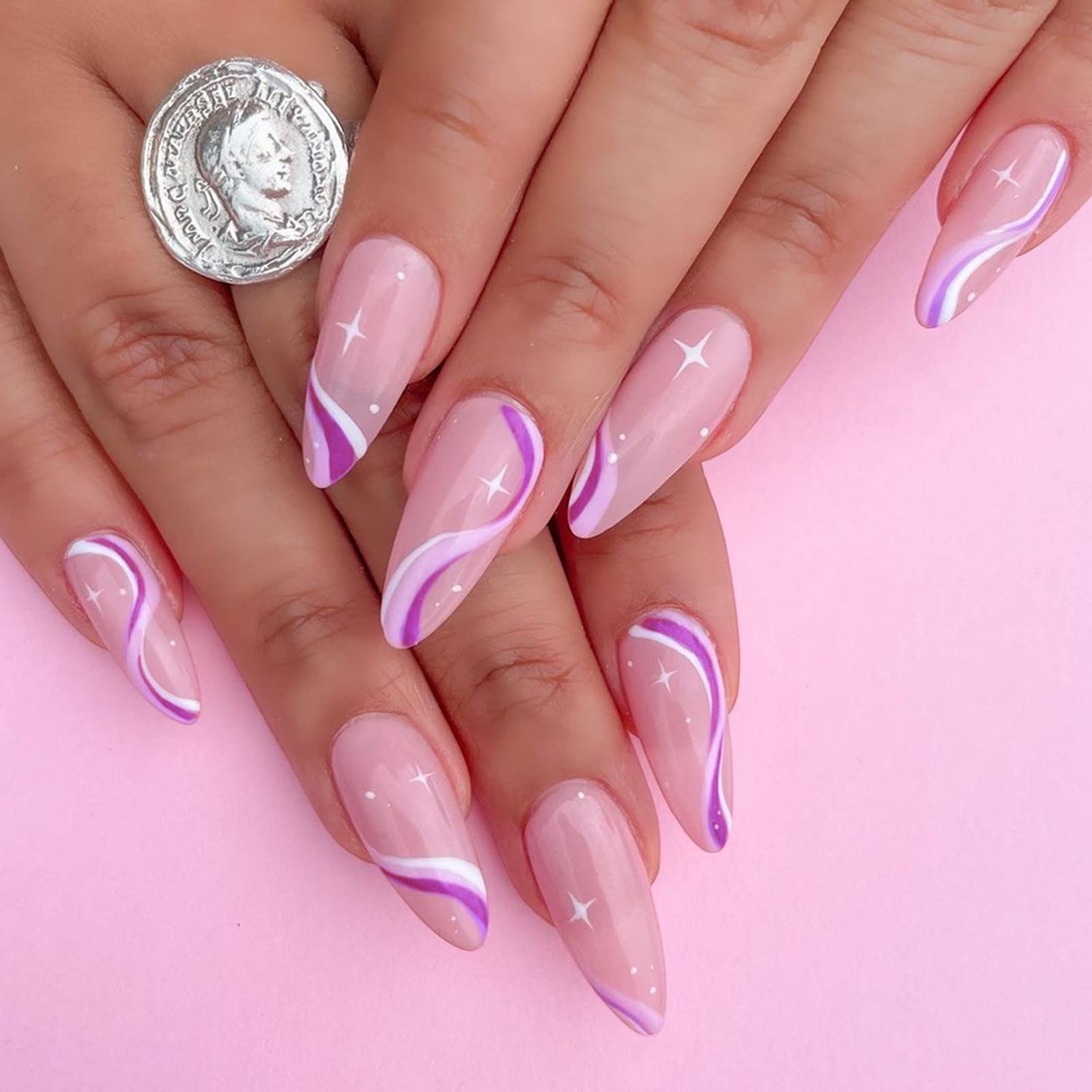 AKOFIC 24 Piezas Uñas Postizas Almendra Corta, Francesa Puntas Uñas Postizas con Uñas de Gel Postizas Uñas Press On para Arte de Uñas para Mujeres (Ondulación Rosa Brillante)