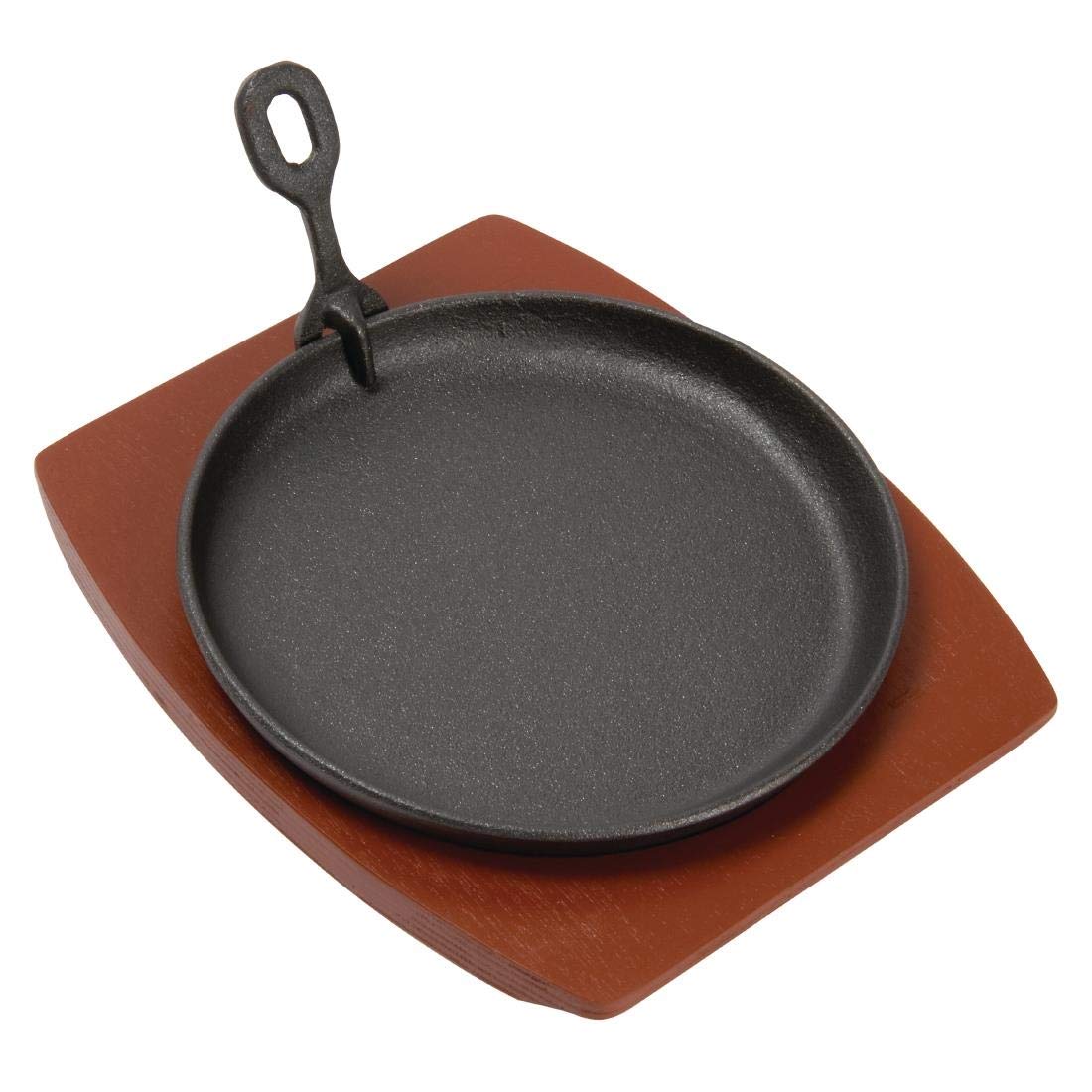 Olympia ghisa rotonda Sizzler con supporto in legno 220 mm piatto da portata