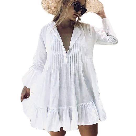 Bsubseach White Long Sleeve Beach Tunic Shirt Cover Up Dress Loose Swimsuit Bathing Suit Cover Ups for Women
