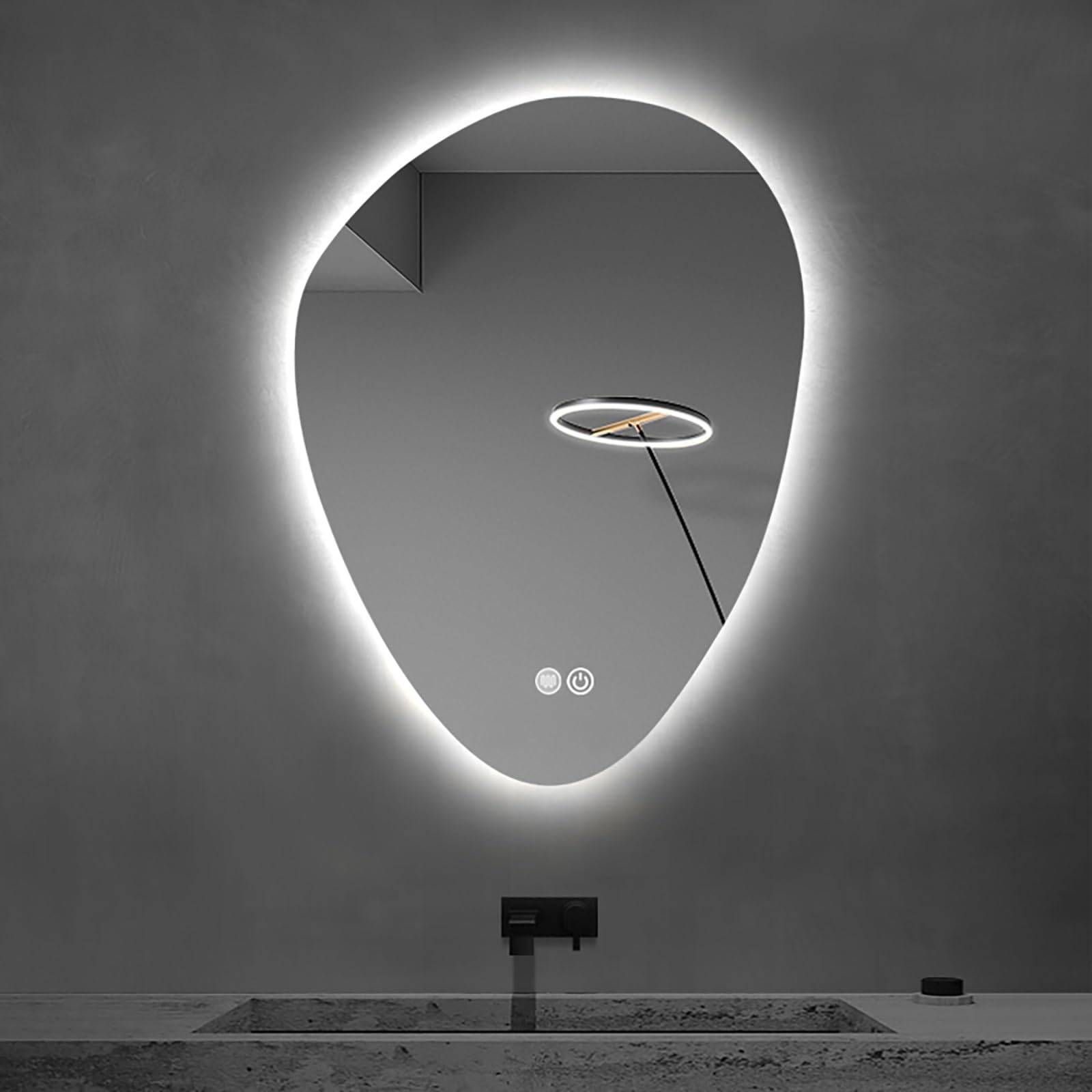 FGXHHS LED - Teardrop Shaped Frameless Anti-Fog Wall with 3-Color Dimmable Backlight, Dual Touch Switch, 60x80cm/23.6x31.5in for Vanity Mount