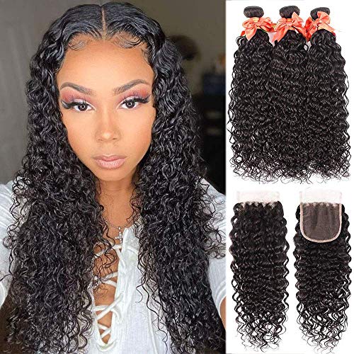 Brazilian Water Wave Bundles with Closure( 20 22 24+18)Ocean Wave Bundles with 4x4 Lace Closure Free Part Wet and Wavy Human Hair Weave Bundles with Closure Natural Black