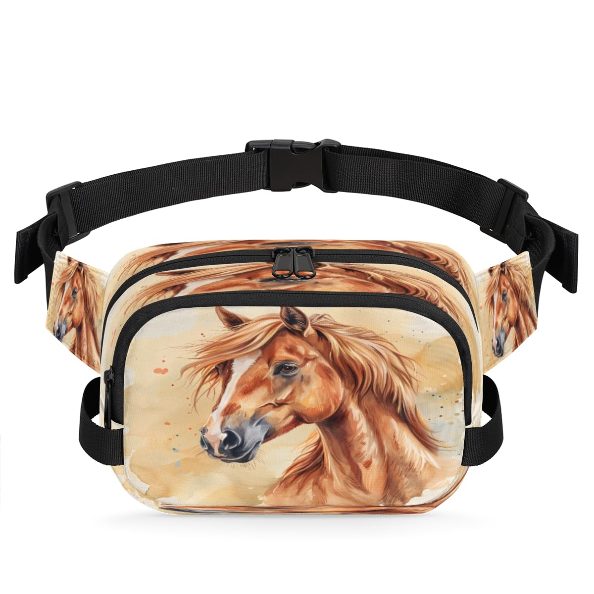 Watercolour Horse Waterproof Fanny Pack for Women Men Adjustable Waist Bag with Double Zipper Pockets Lightweight Square Hip Pack for Running Travel Hiking Workout Cycling
