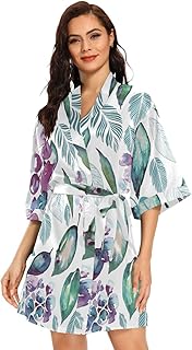 Azul Verde Acuarela Hojas Invierno Color Mujeres Kimono Batas, Albornoz Satén Bata Corta Dama De Honor
