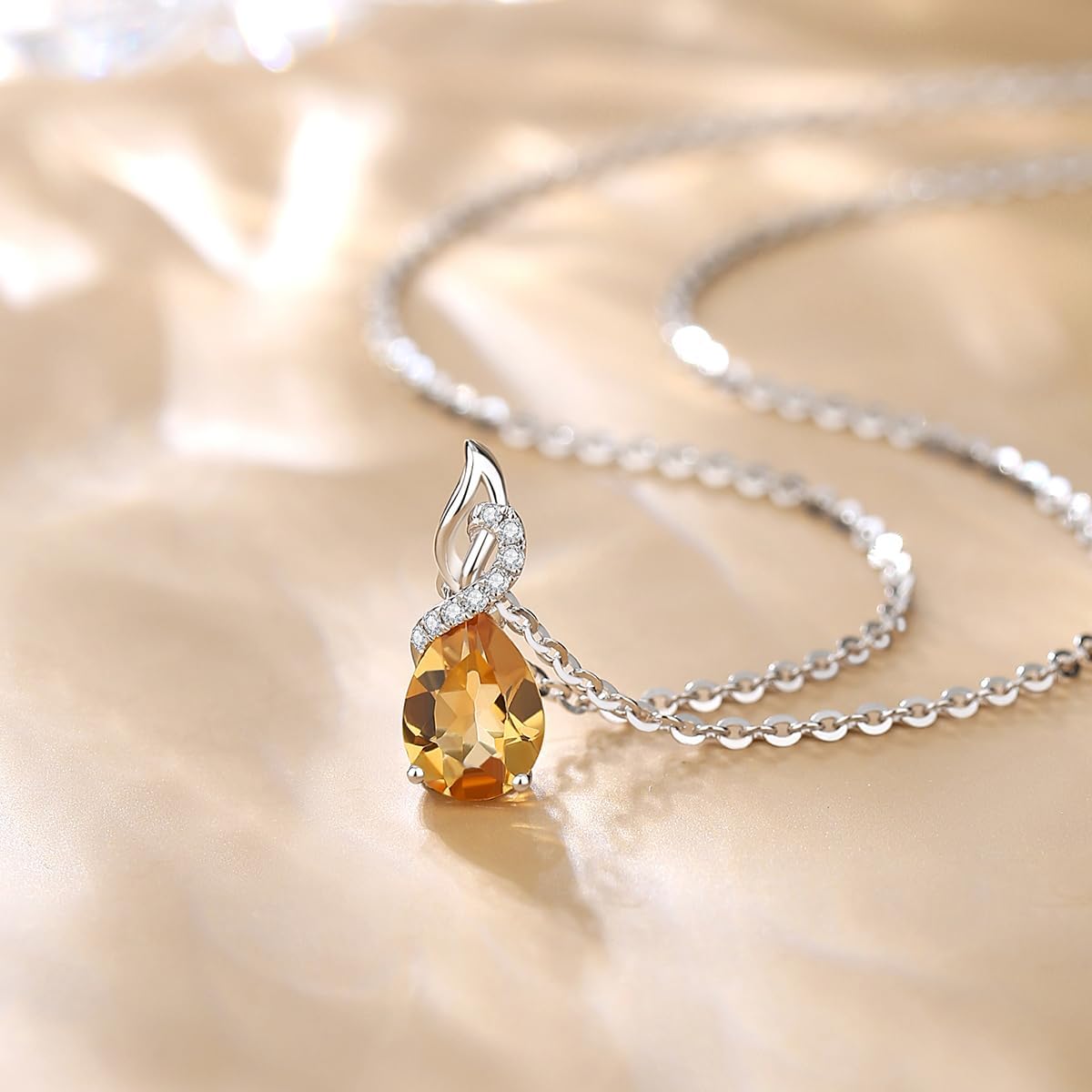 FANCIME Citrine Necklace 14K Solid White Gold Teardrop Pendant with Diamond November Birthstone Necklace Jewelry Gifts for Mom Women - Image 4