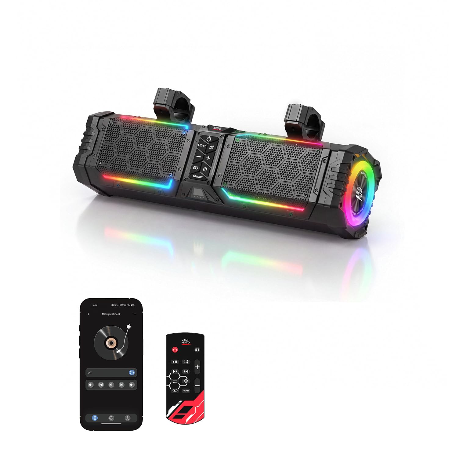 KEMIMOTO Midnight 50 Lite Gen2 20-inch 6 Speaker UTV Sound Bar Polymer | Lighter Build,60Hz Deep Bass,IP66 SxS Soundbar with Sync RGB,Compatible with Polaris RZR Can-Am Golf Cart Marine