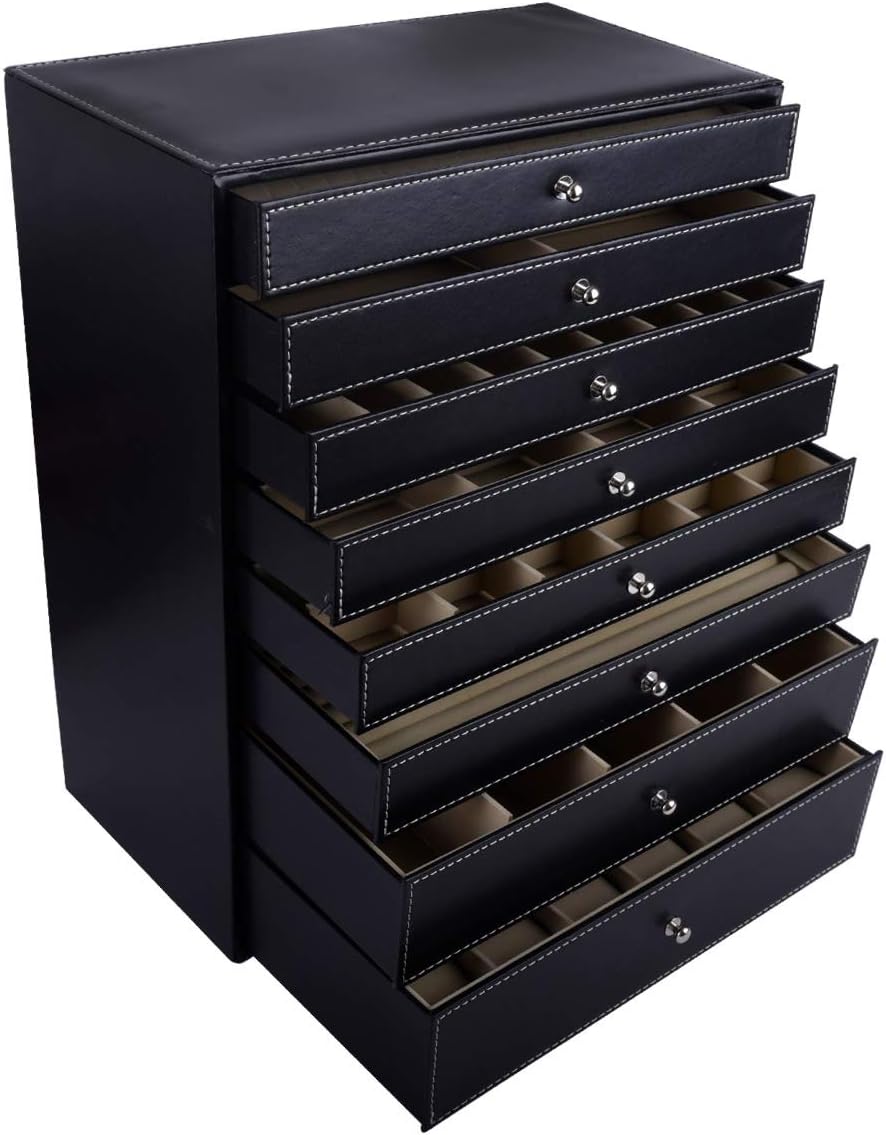 AUTOARK Jewelry Box Organizer Holder,8-Layer Jewelry Case,Desktop Organizer for Earrings Necklaces Bracelets Rings Watches Sunglasses and Accessories,Big-Capacity,Black Leather,AW-080