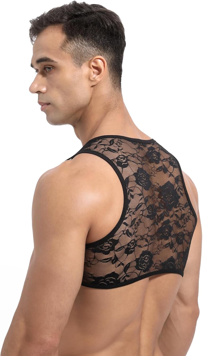 Floral Lace Mens Crop Top See Through Shirt Sexy Muscle Tank Top Gym Workout Vest Sissy Sheer Half Tops - Image 3