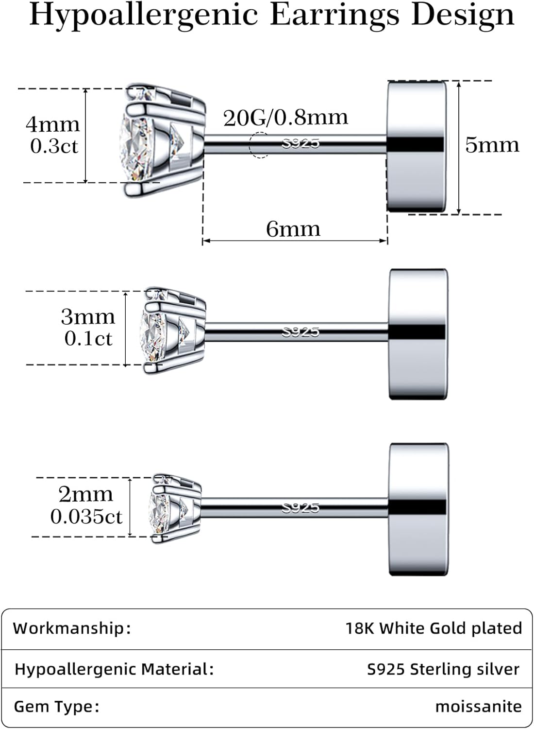 3 Pairs Moissanite Flatback Stud Earrings for Women, 925 Sterling Silver Hypoallergenic Flat Back Cartilage Earrings Set, 18K White Gold Plated - Image 6