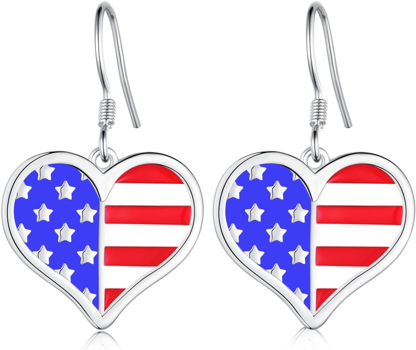 4th of July Earrings for Women 925 Sterling Silver Heart American Flag Dangle Earrings USA Independence Day Patriotic Jewelry Gifts For Women