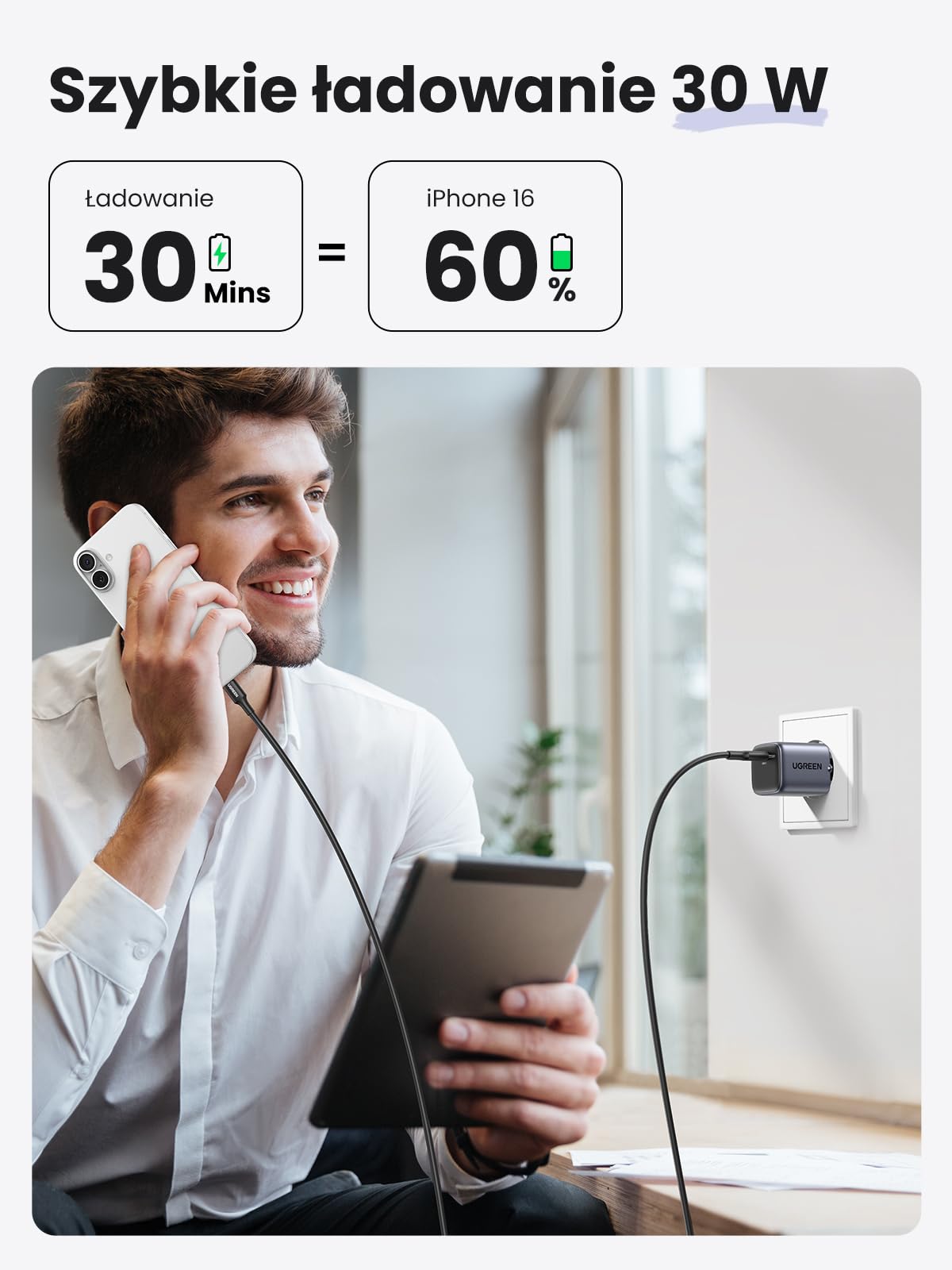 UGREEN Nexode 30W Ładowarka USB C Zasilacz USB C GaN II Tech Szybka ładowarka Kompatybilna z iPhone 16 Pro Max, 15, 14, 13, 12, Galaxy S24 Ultra, S23, iPad, Tab A8, Pixel, HomePod (czarny)