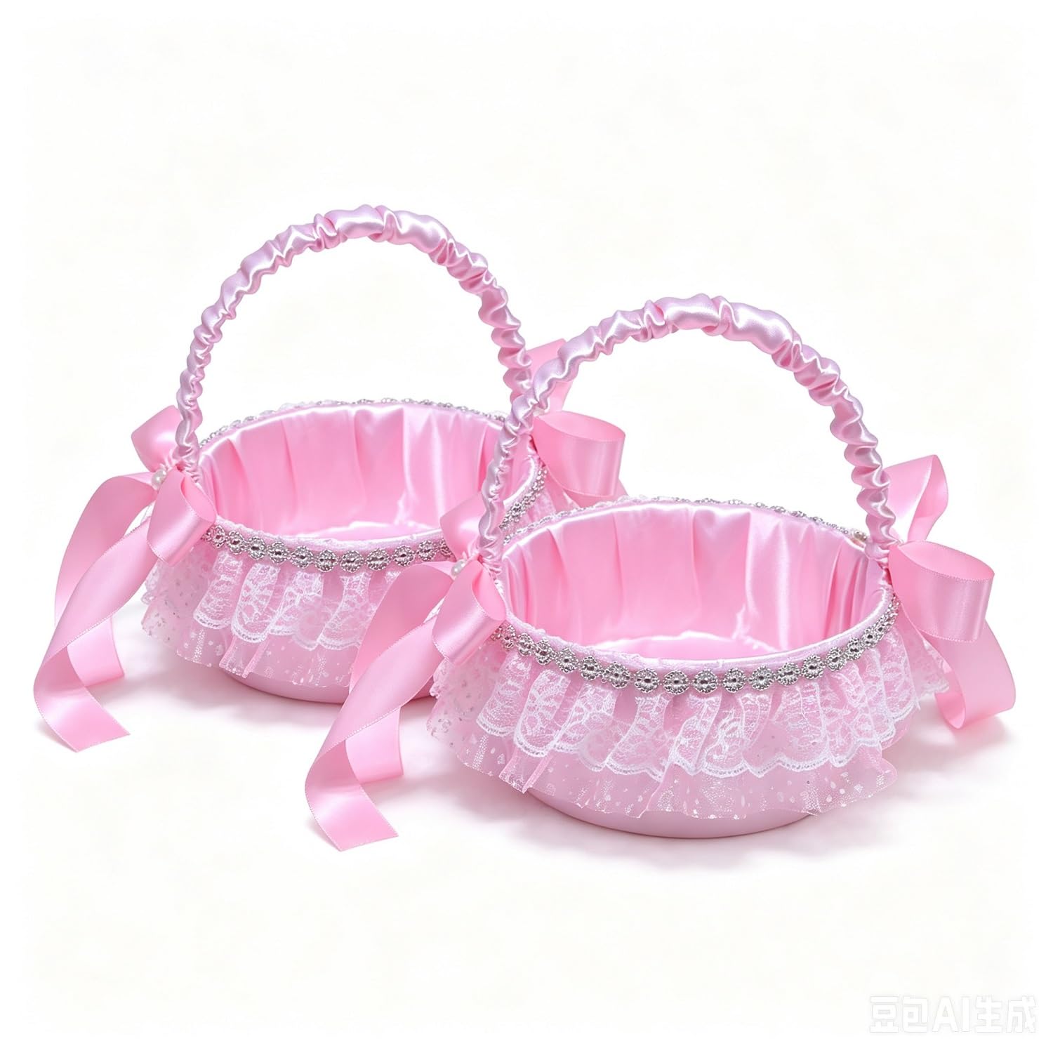 Bafnsiji 16cm Satin Lace Flower Girl Basket with Pearl Bow - Wedding Decor