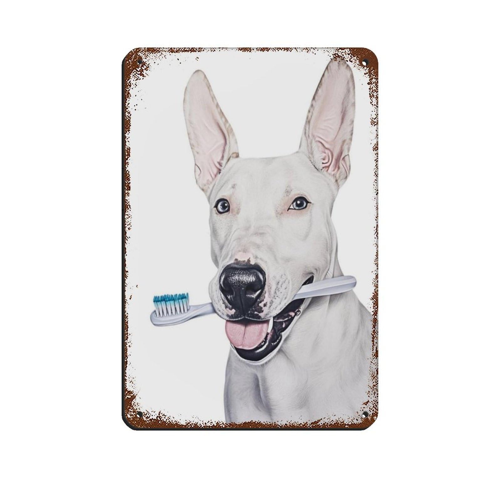 Bull Terrier Dog Bathroom Art Brushing Tin Sign Vintage Metal Pub Club Cafe Bar Home Wall Art Decoration Poster Retro 8x12inch(20x30cm)
