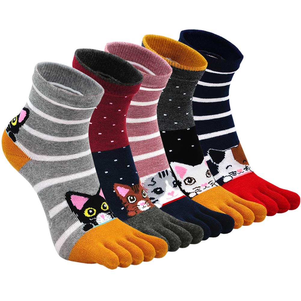 Chaussettes 5 Doigts Femme Coton Chaussettes Orteils Séparés Running Chaussette Doigt de Pied Sport Femme Fantaisie Drole Motif à Animaux Chat Chien Taille 36-41