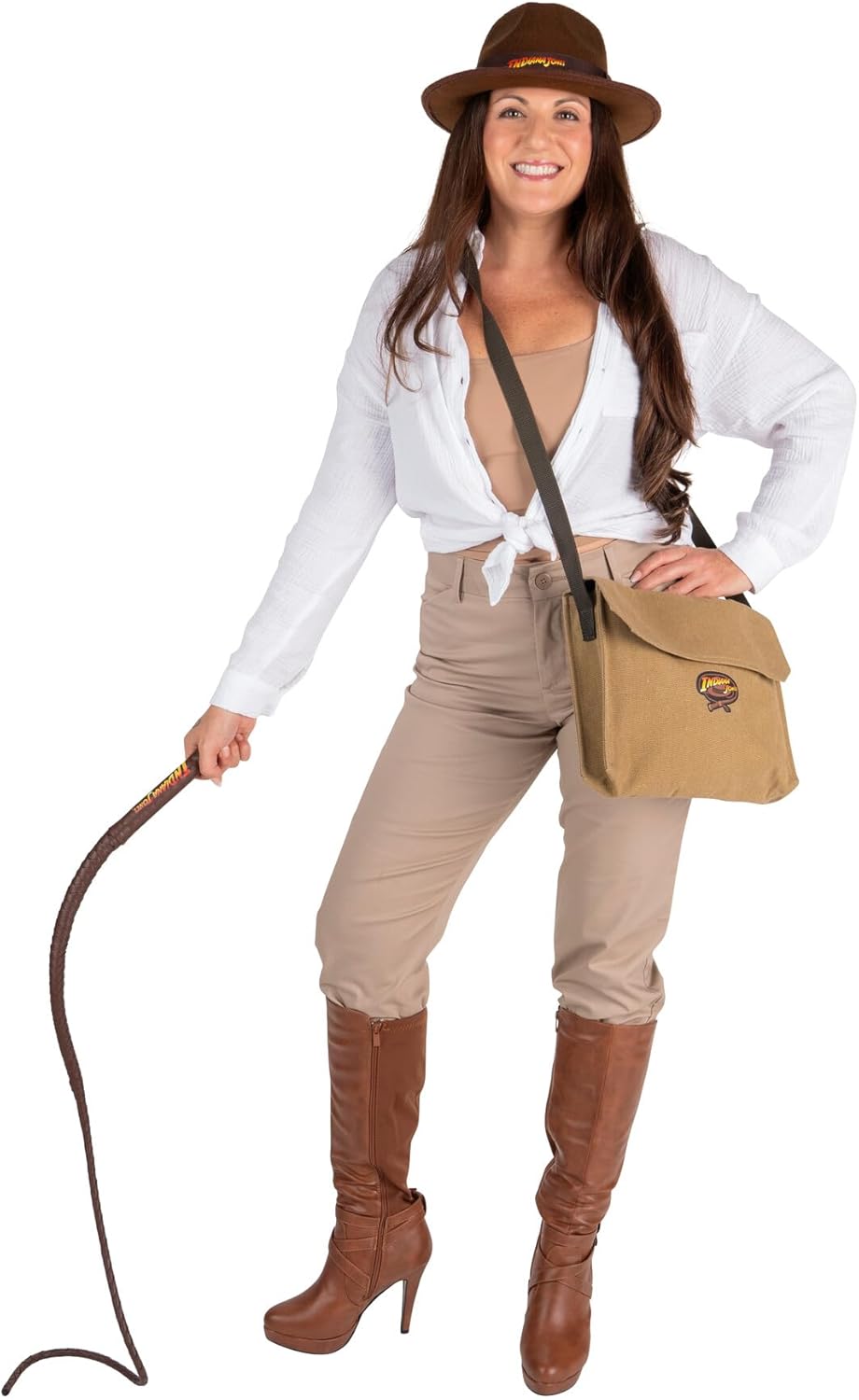 INDIANA JONES Official Adult Halloween Costume Accessory Set - Three Piece Set with Fedora, 50-Inch Costume Whip, and Satchel
