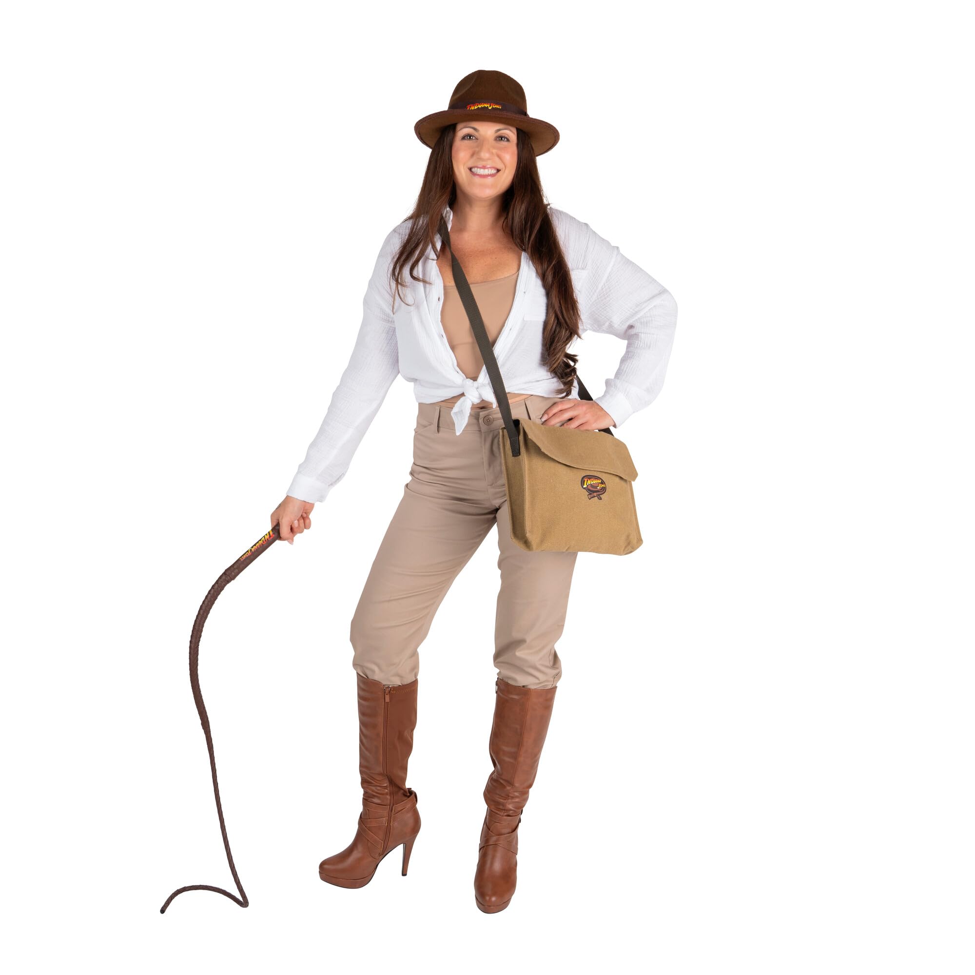 INDIANA JONES Official Adult Halloween Costume Accessory Set - Three Piece Set with Fedora, 50-Inch Costume Whip, and Satchel
