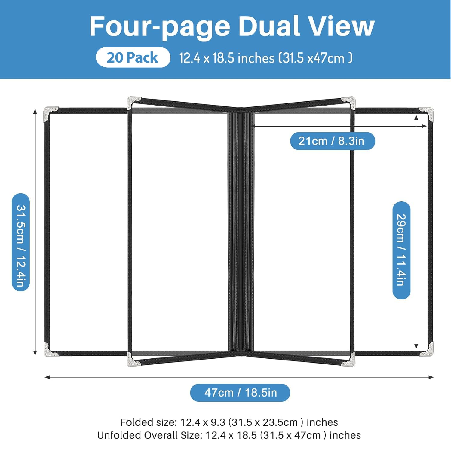 WenYa Fundas de menú A4 (paquete de 20), 4 páginas, 8 vistas, soportes para menús estilo cafetería, borde negro, cubierta transparente para menú de vino con protectores de esquina de metal, se adapta