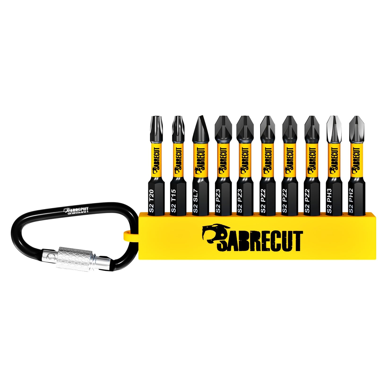 Sabrecut 10 X Scrk001 50Mm Phillips Ph2 Ph3 Pozi Pozidriv Pz2 Pz3 Slotted Sl7 Torx T15 T20 Magnetic Impact Screwdriver Driver Bits With Carabiner Clip Storage Sleeve Single Ended Heavy Duty