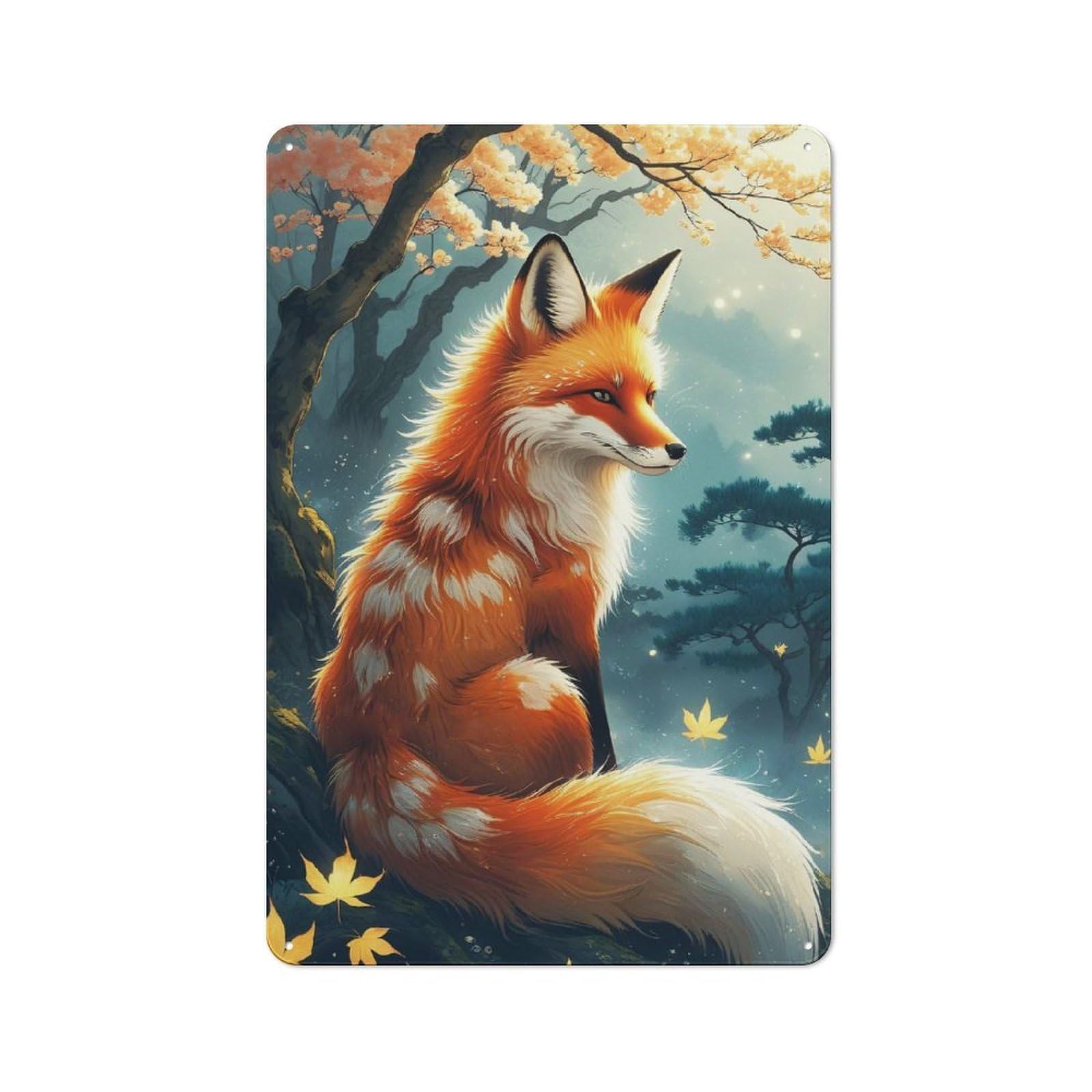 Junmoney Style-1 Tin Wall Plaque 30X20cm With Fox In A Mystical Forest For Garage Wall, Suited To People Furnishing A Garage