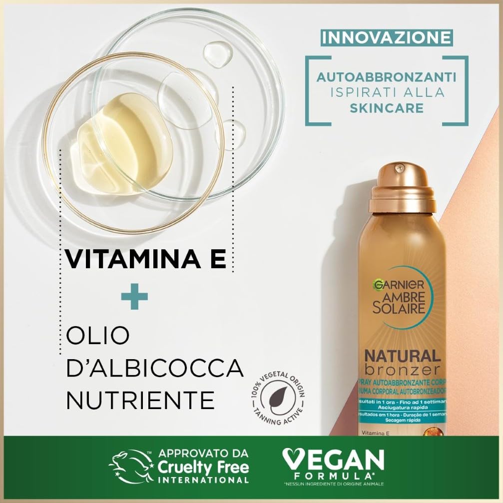 Garnier Spray Autoabbronzante Natural Bronzer, Per un'Abbronzatura Uniforme e Naturale, A Rapido Assorbimento, Azione Nutriente, Con Olio di Albicocca e Vitamina E, Ambre Solaire, 150 ml