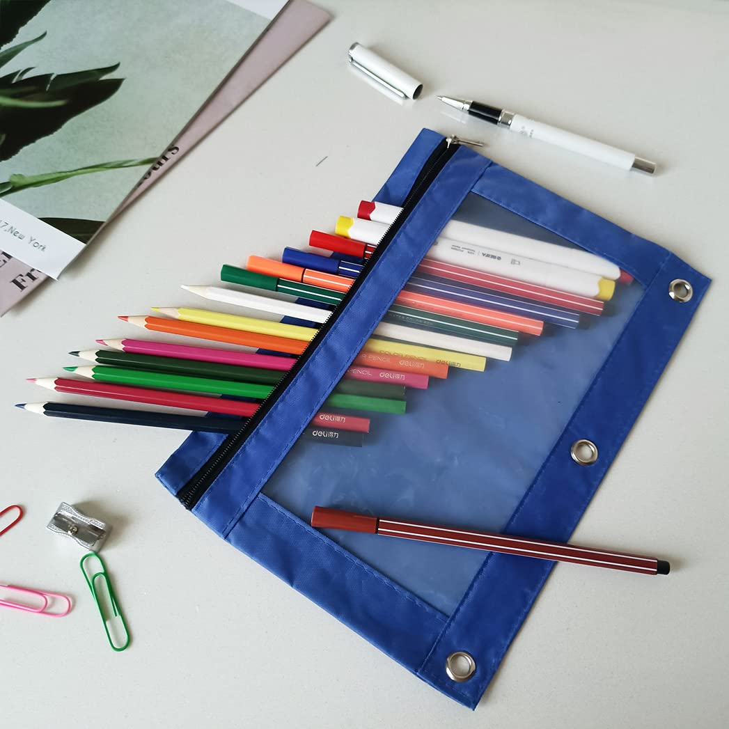 YoeeJob Bolsas para carpetas con 3 anillas, estuche para lápices con ventana transparente, bolsa de papelería con cremallera para oficina de clase escolar, paquete de 24, azul