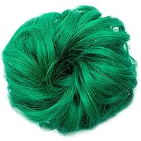 Vista 7 de Moños espaciales, piezas de cabello verde para mujeres y niñas, cabello sintético ondulado y rizado, extensiones de cola de caballo (verde)