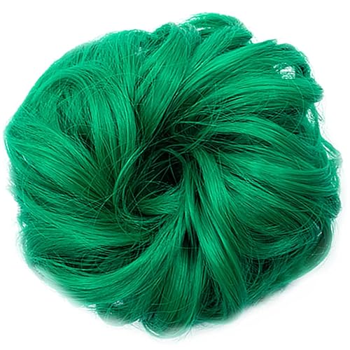 Miniatura 7 de Moños espaciales, piezas de cabello verde para mujeres y niñas, cabello sintético ondulado y rizado, extensiones de cola de caballo (verde)