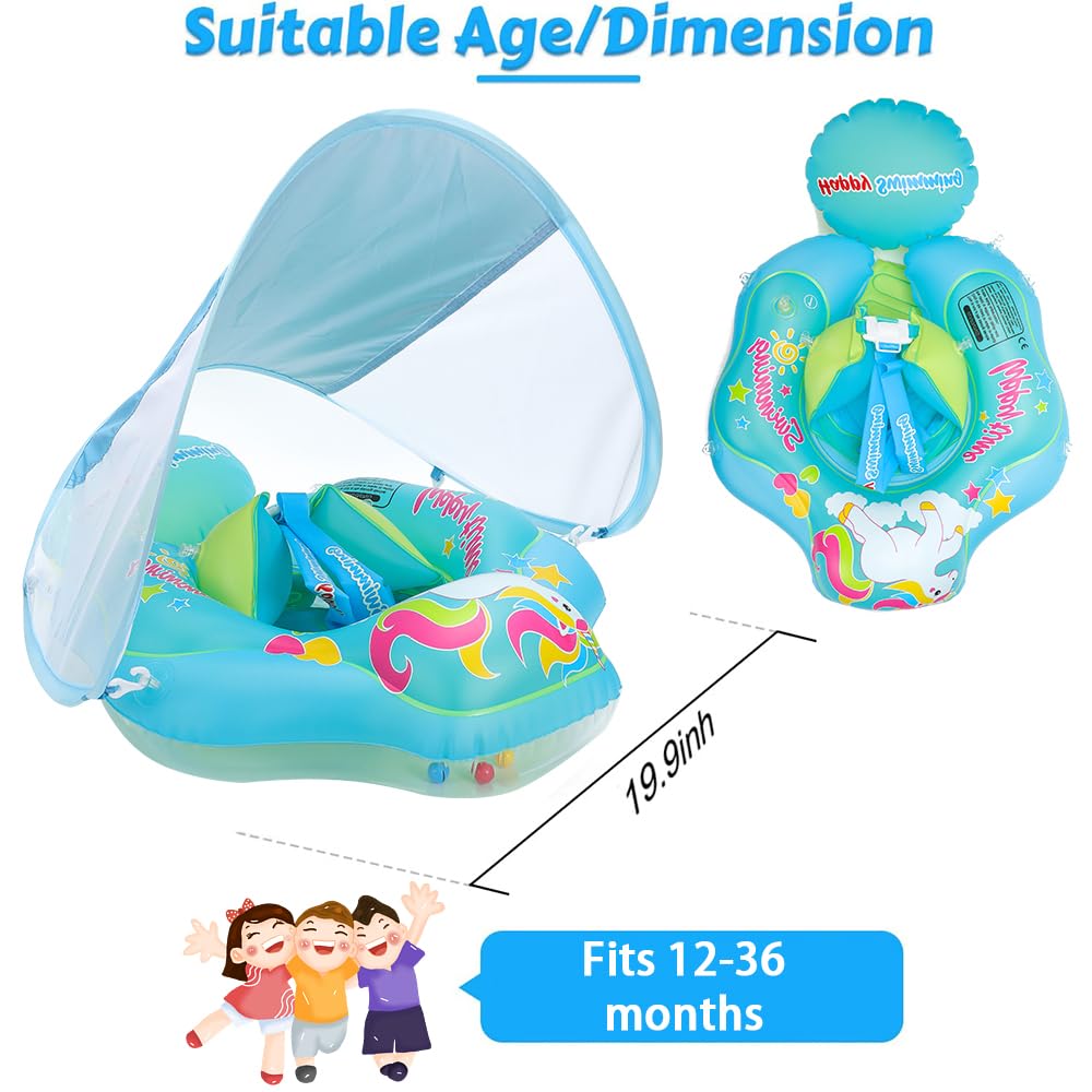 Baby Schwimmring mit abnehmbarem sonnendach,Schwimmhilfe verstellbare Schultergurte,Schwimmtrainer,mit aufblasbarer Swimming Float für ab 3-36 Monate.