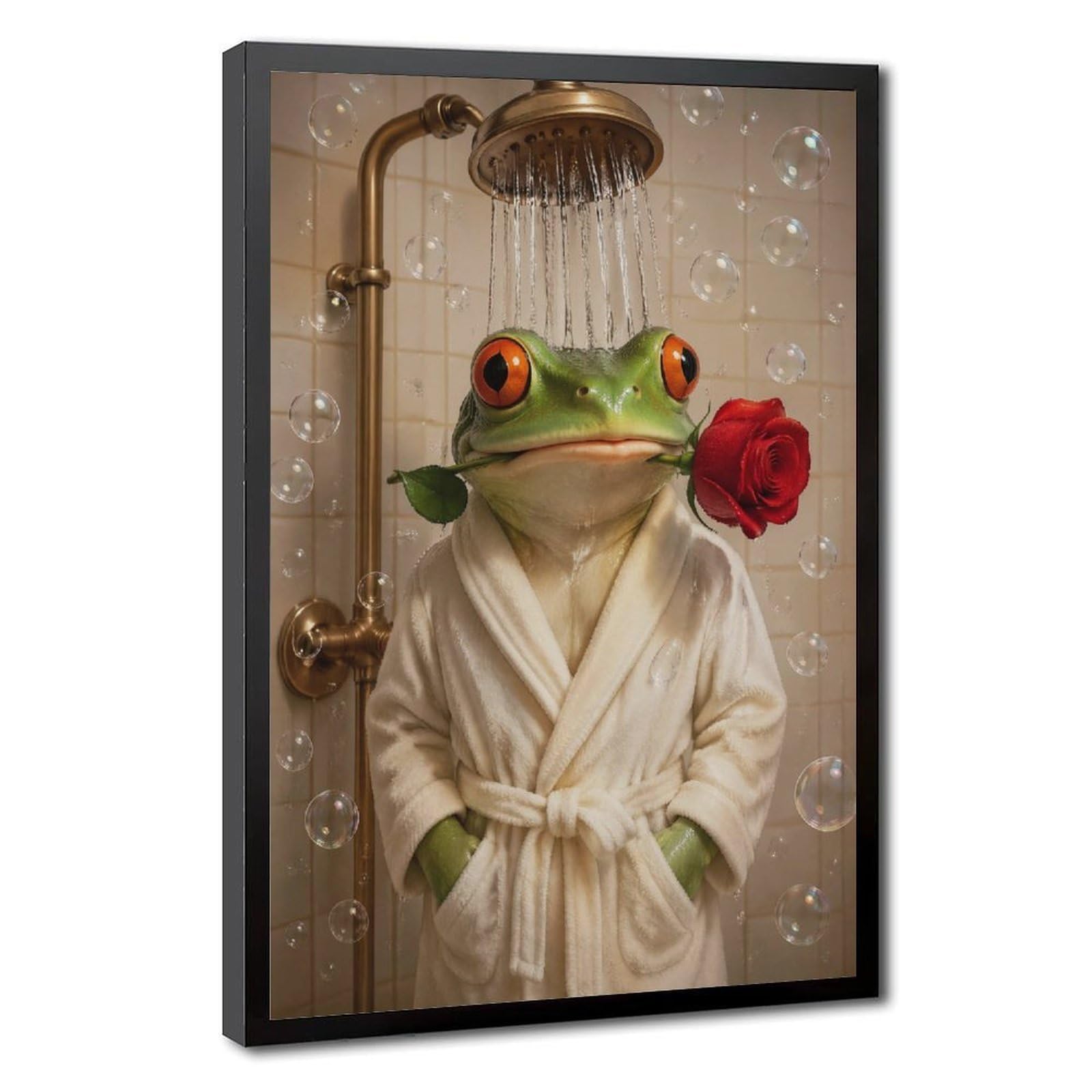 Lustiger grüner Frosch im Bademantel, Dusche mit roter Rose, Leinwand-Kunstposter, sprudelnd, skurriles Tierporträt, humorvolle Neuheit, Dekoration für Badezimmer, Toilette, Puderzimmer, schwarzer