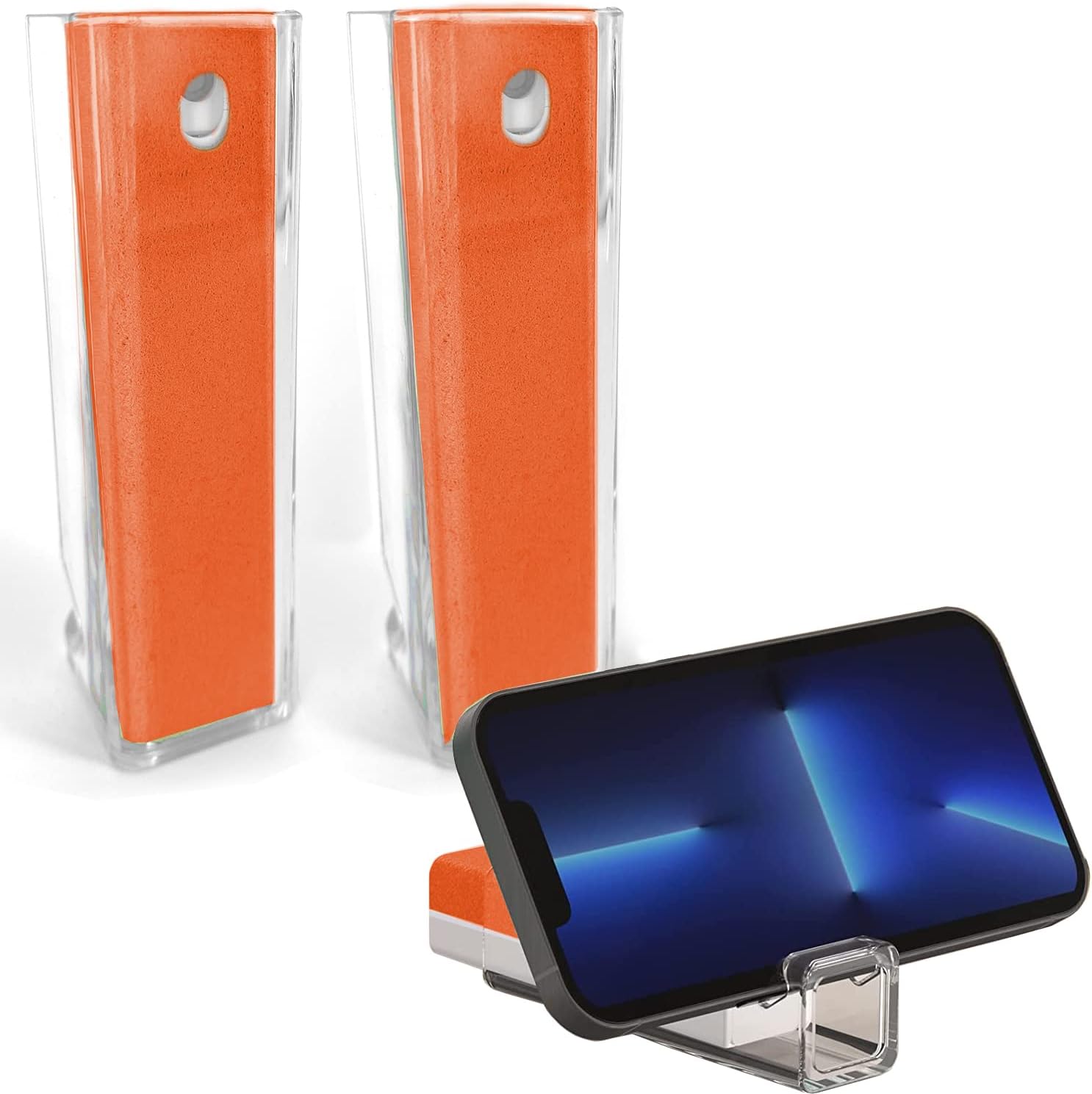 2 Acuvar 3 in 1 Reusable Fingerprint Proof Screen Mist Spray Cleaner with Microfiber and Phone Stand for Phones, Tablets, Laptops, & Car Screens (Orange)